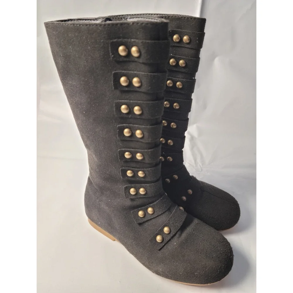 LIVEMIA Tall Boots Kids Black Studded Microfiber Leather Faux Fur Lined‎ Size 10